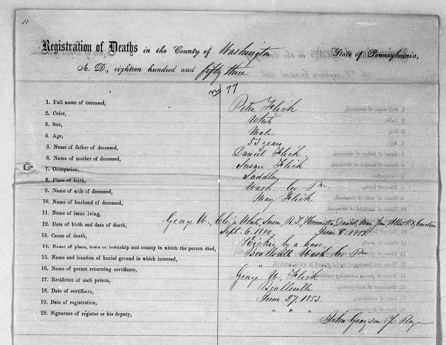 Peter Flick death certificate